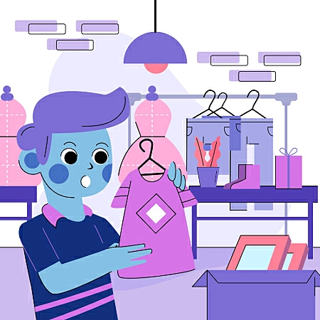 Ilustração de uma pessoa segurando uma roupa em um cabide dentro de uma loja