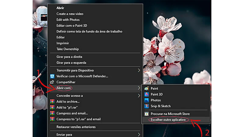 imagem que mostra o passo a passo para selecionar outro aplicativo no Windows