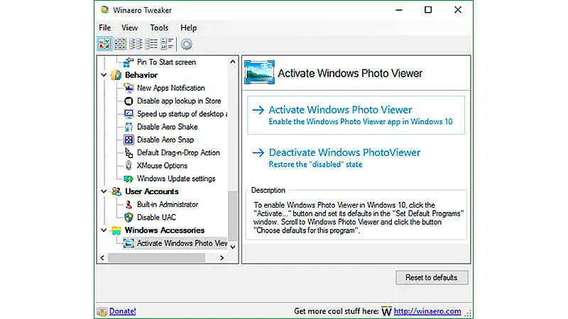 imagem que mostra como ativar o Windows Photo Viewer pelo programa Winaero Tweaker
