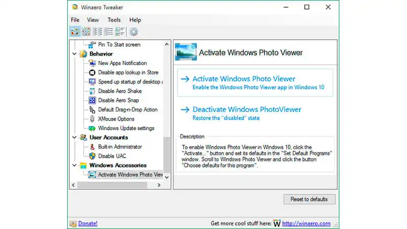 imagem que mostra como ativar o Windows Photo Viewer pelo programa Winaero Tweaker
