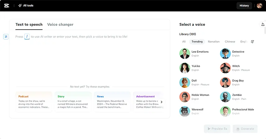 Screenshot of a text-to-speech platform interface with a selection of trending voice avatars on the right, including Leo Emotions, Yukiko, Doll, and others. The left section includes a blank input field with tabs for text-to-speech and voice changer, and preset text options like podcast, story, news, and advertisement.