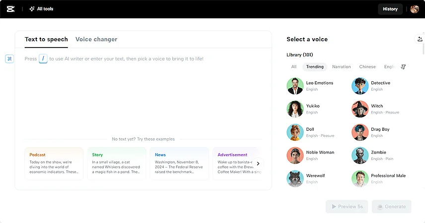 Screenshot of a text-to-speech platform interface with a selection of trending voice avatars on the right, including Leo Emotions, Yukiko, Doll, and others. The left section includes a blank input field with tabs for text-to-speech and voice changer, and preset text options like podcast, story, news, and advertisement.