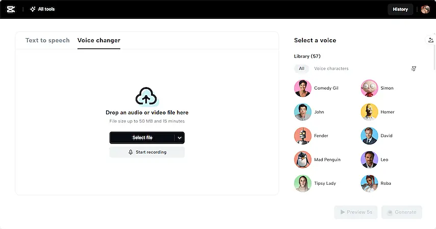 Screenshot of the voice changer tab on a digital tool, featuring a file upload area with "Drop an audio or video file here" instructions. On the right, various voice avatars are displayed, including Comedy Gil, John, Mad Penguin, Tipsy Lady, and others.