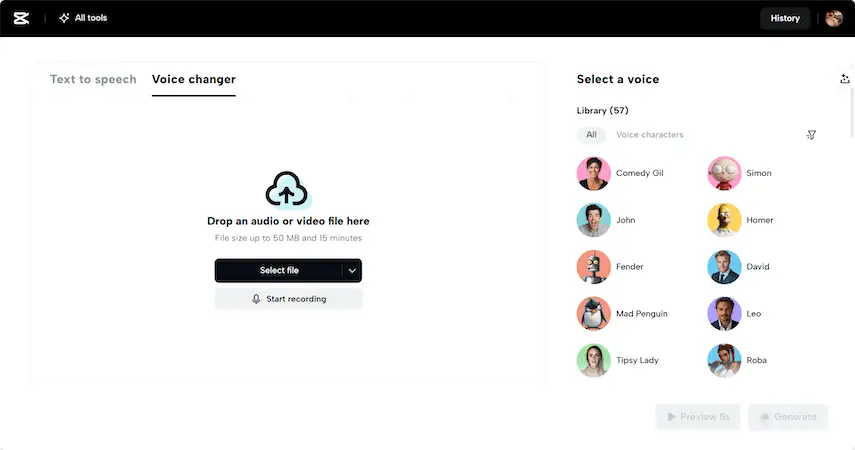 Voice changer with diverse effects - unleashing possibilities with the voice changer Screenshot of the voice changer tab on a digital tool, featuring a file upload area with "Drop an audio or video file here" instructions. On the right, various voice avatars are displayed, including Comedy Gil, John, Mad Penguin, Tipsy Lady, and others.