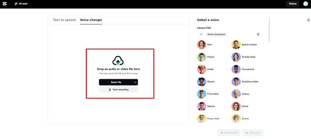 Screenshot of a voice changer tool showing an upload section outlined in red, inviting users to drop audio or video files. The right panel displays a list of voice avatars such as Pam, Playful, Kiddo, Mentor, Sports Anchor, Queen, and more.