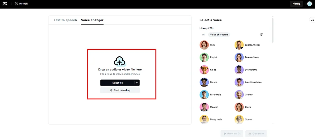 Screenshot of a voice changer tool showing an upload section outlined in red, inviting users to drop audio or video files. The right panel displays a list of voice avatars such as Pam, Playful, Kiddo, Mentor, Sports Anchor, Queen, and more.
