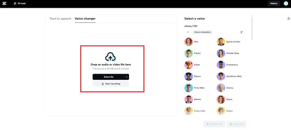 Voice changer with diverse effects - upload your voice experiment file Screenshot of a voice changer tool showing an upload section outlined in red, inviting users to drop audio or video files. The right panel displays a list of voice avatars such as Pam, Playful, Kiddo, Mentor, Sports Anchor, Queen, and more.