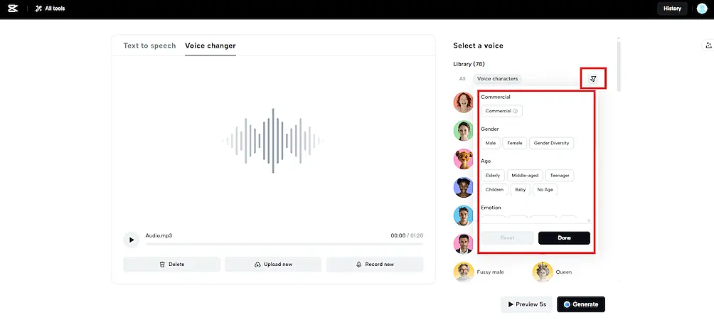 Screenshot of a voice changer tool showing the section "select a voice" highlighted.