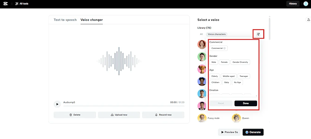 Screenshot of a voice changer tool showing the section "select a voice" highlighted.