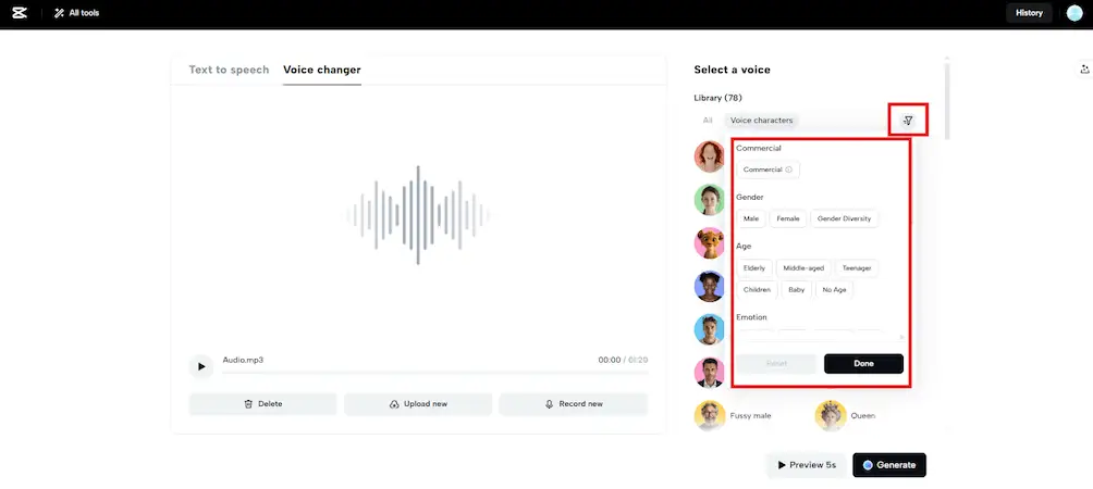 Voice changer with diverse effects - go wild with voice effects Screenshot of a voice changer tool showing the section "select a voice" highlighted.