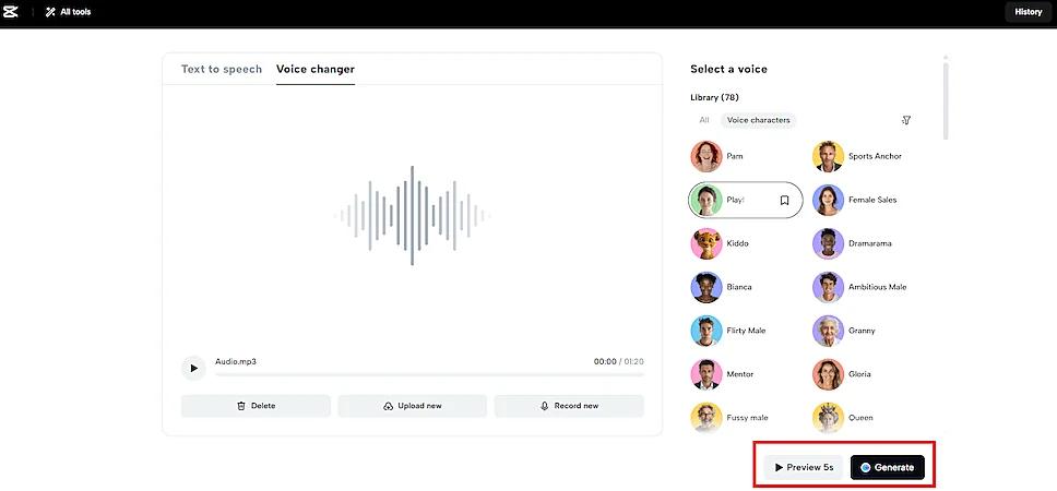 Screenshot of a voice changer tool showing the voice changer and the select a voice section. The buttons "preview 5s" and "generate" are highlighted. 