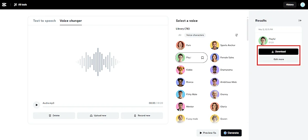 Screenshot of a voice changer tool showing the "select a voice" section, and the "results" section with the buttons "download" and "edit more" highlighted.   