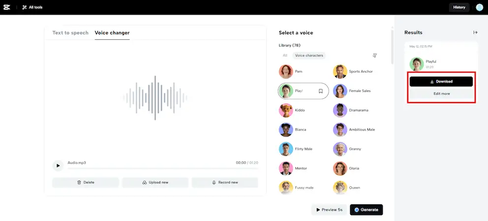 Voice changer with diverse effects - save your voice transformation Screenshot of a voice changer tool showing the "select a voice" section, and the "results" section with the buttons "download" and "edit more" highlighted.