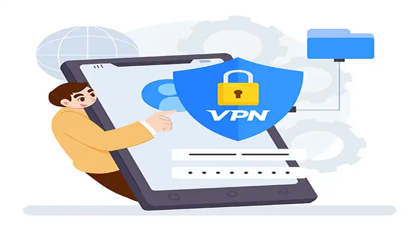 vpn rápida Ilustração de um celular com VPN e uma pessoa usando