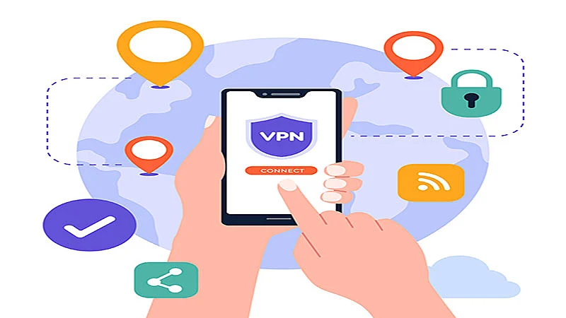 Ilustração de um celular com VPN e uma pessoa usando