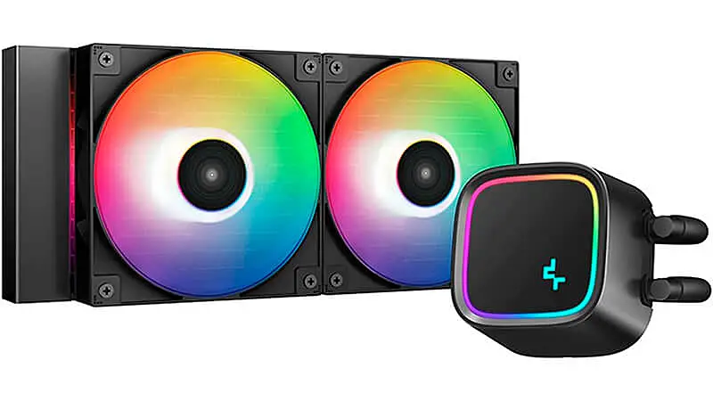 imagem de um water cooler Gammaxx DeepCool de 240 mm com duas ventoinhas e iluminação RGB