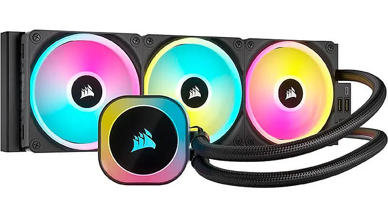 imagem de um water cooler Corsair H150i com três ventoinhas