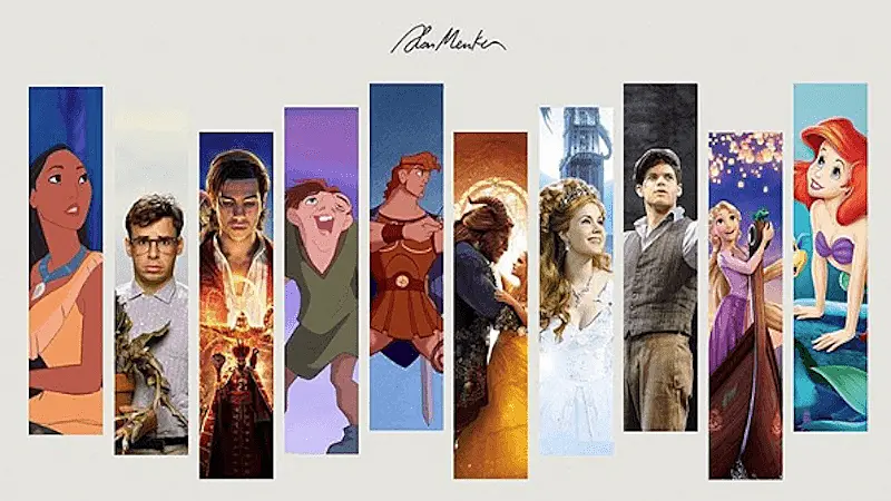The image shows Alan Menken's website page where there are images of movies.