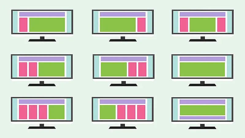 The image shows several desktop screens, each one of them with a different type of layout structure.