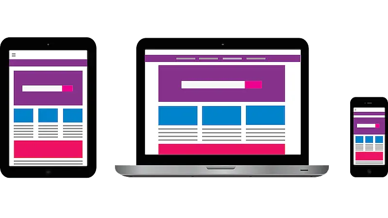 The image shows a tablet, a laptop, and a smartphone screen, in each one of them there is the same content displayed. 