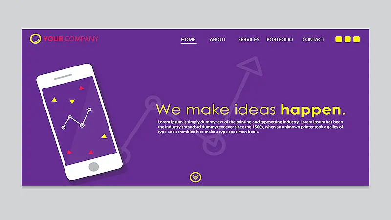 The image shows a website screen,with a purple background, a  white smartphone on the left side, and the message "We make ideas happen." written in yellow in the middle.