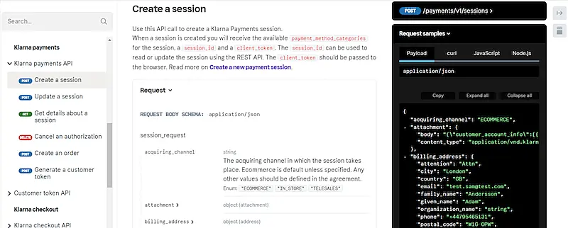 Create a session Klarna interface