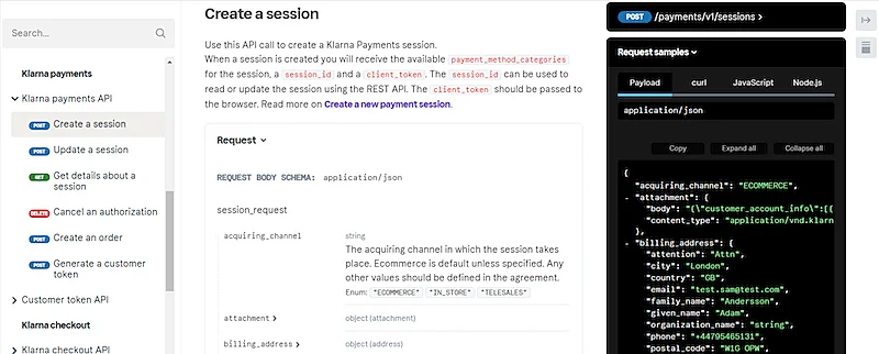 Create a session Klarna interface