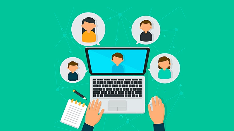 Ilustração de uma pessoa usando um computador assistindo um webinar