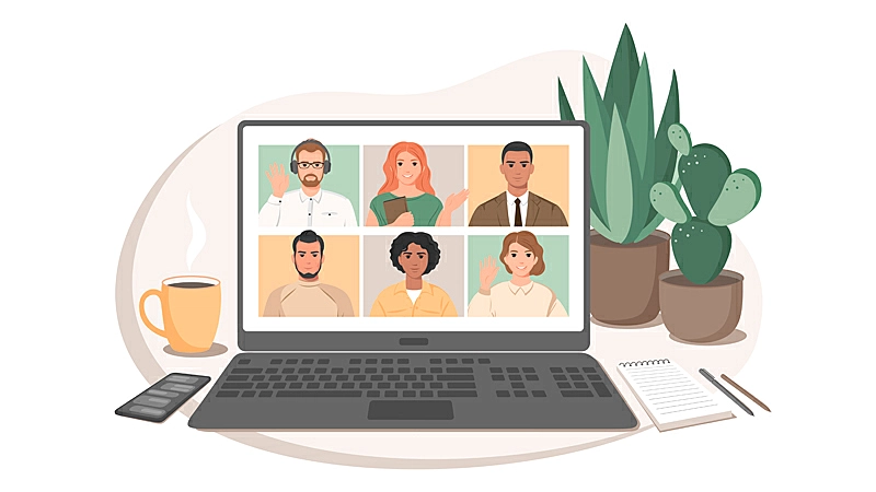 Ilustração de um notebook com uma videoconferência