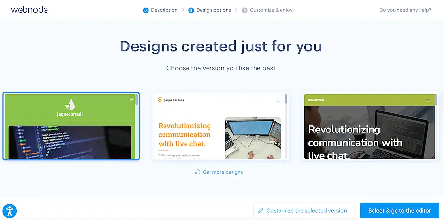 Webnode page showing layout suggestions for a website