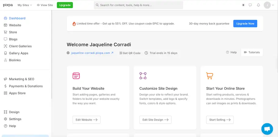 Website builders - Pixpa Pixpa dashboard