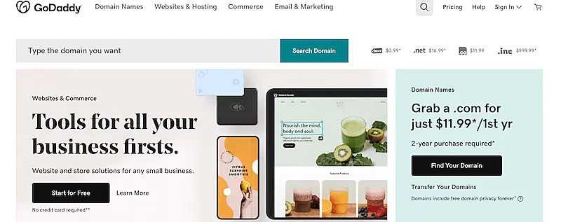 GoDaddy home page