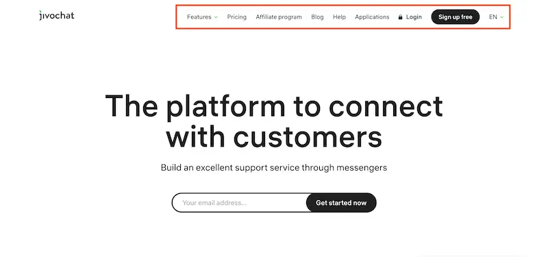 Website navigation horizontal menu JivoChat home page