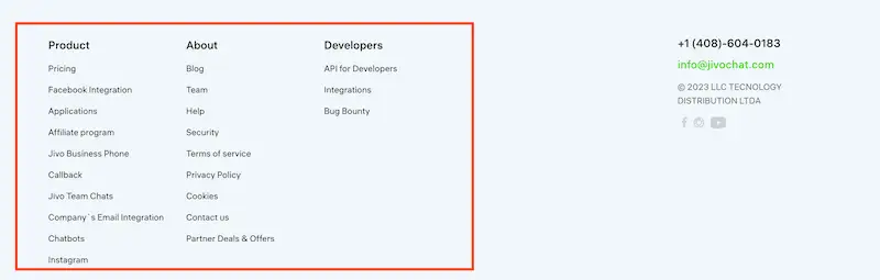 Website navigation footer menu JivoChat footer menu