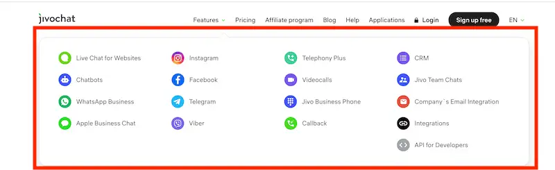 Website navigation dropdown menu JivoChat menu