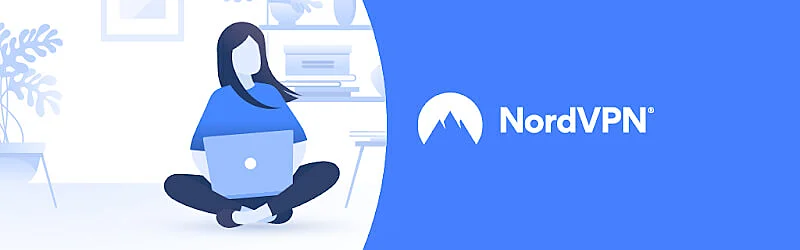 The image shows NordVPN's logo on the right side and on the left there is a person using a laptop. 