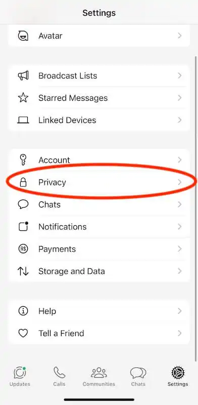 WhatsApp settings menu