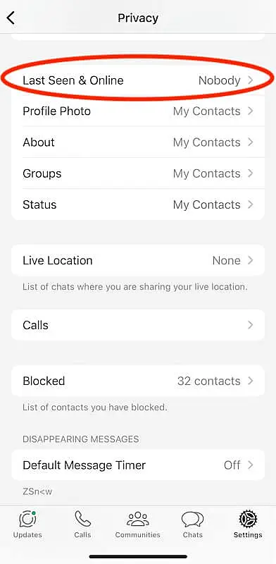 Privacy menu on WhatsApp