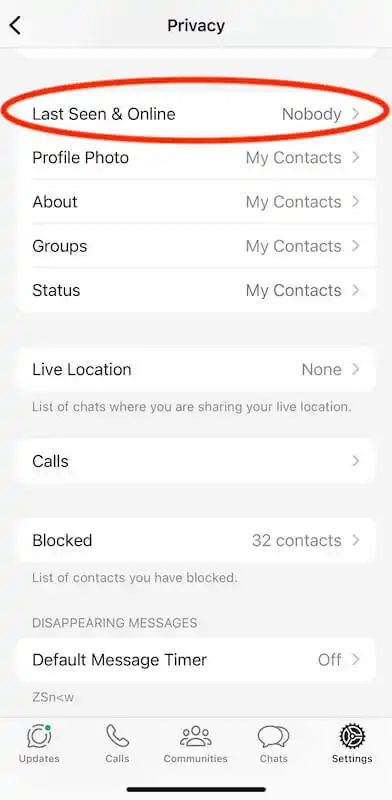 Privacy menu on WhatsApp
