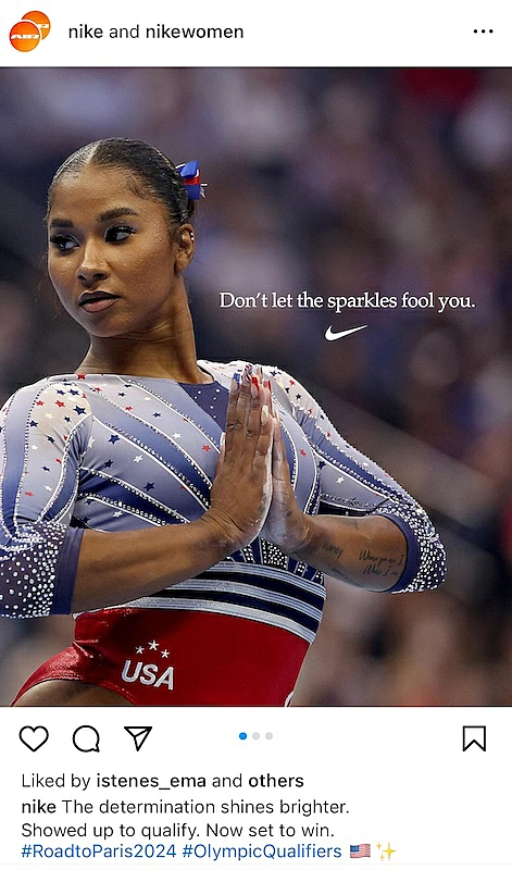 Nike Instagram posts showing a gymnast from USA olympics team. In the image it's written "Don't let sparkles fool you".