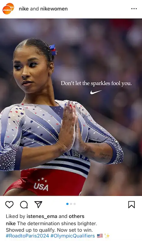 What is copy in marketing? Social Media Copy Nike Instagram posts showing a gymnast from USA olympics team. In the image it's written "Don't let sparkles fool you".