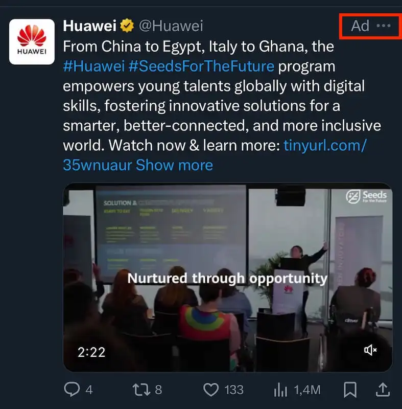 What is native advertising - X Huawei ad in X