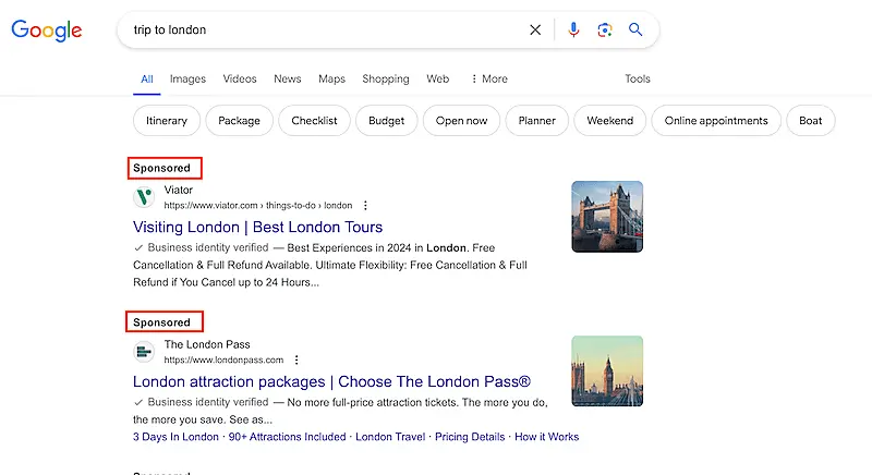 Sponsored results on Google search
