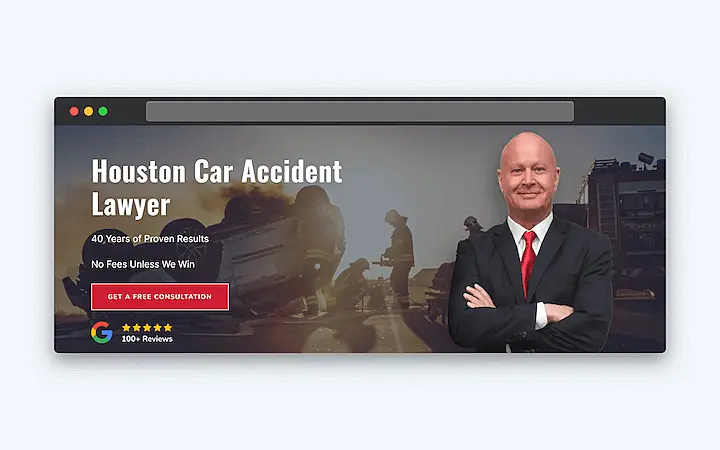 Website hero banner for a Houston car accident lawyer, featuring a suited attorney with arms crossed, emergency responders at a crash scene, and a call-to-action button for a free consultation.