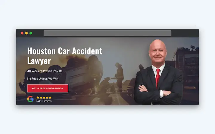 Website hero banner for a Houston car accident lawyer, featuring a suited attorney with arms crossed, emergency responders at a crash scene, and a call-to-action button for a free consultation.