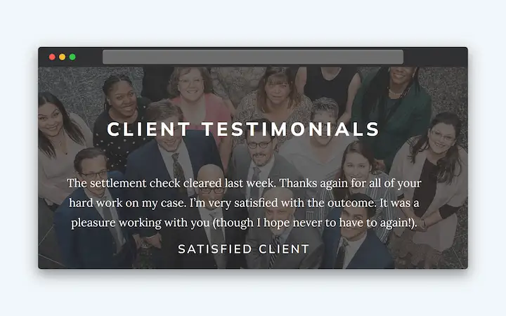 Client testimonials section on a law firm website, showing a group photo of diverse clients with a highlighted testimonial quote from a satisfied client.