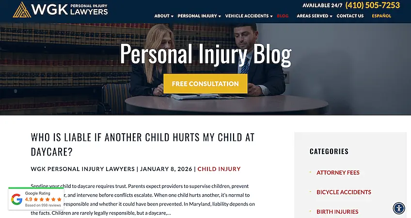 Personal injury law blog homepage with a headline about daycare liability, navigation menu, category sidebar, and a free consultation button at the top.