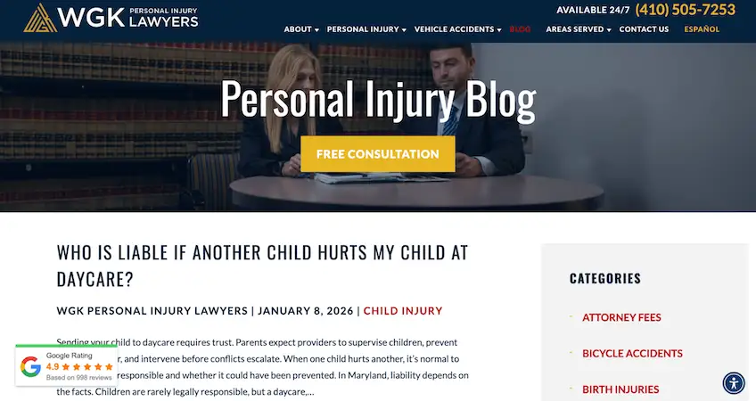 Personal injury law blog homepage with a headline about daycare liability, navigation menu, category sidebar, and a free consultation button at the top.