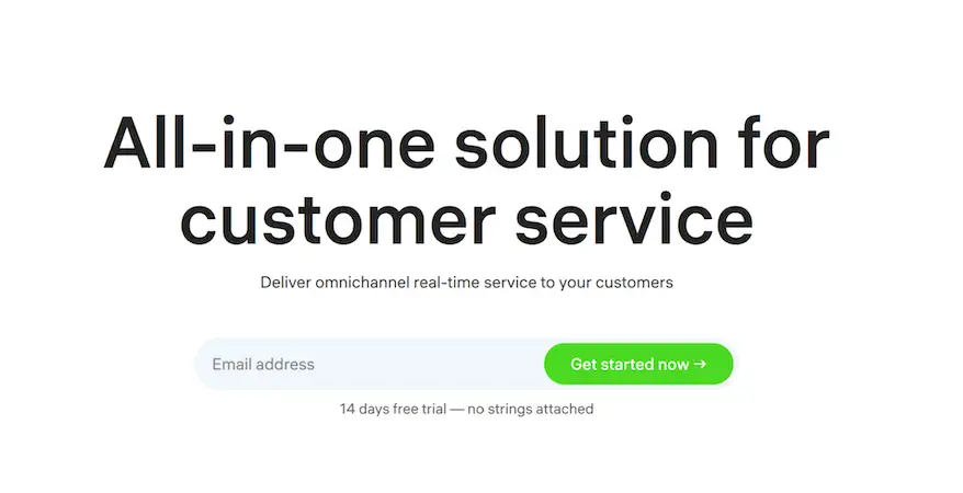 SaaS website hero section promoting an all-in-one customer service solution, featuring a headline, email signup field, and a button to start a free trial.