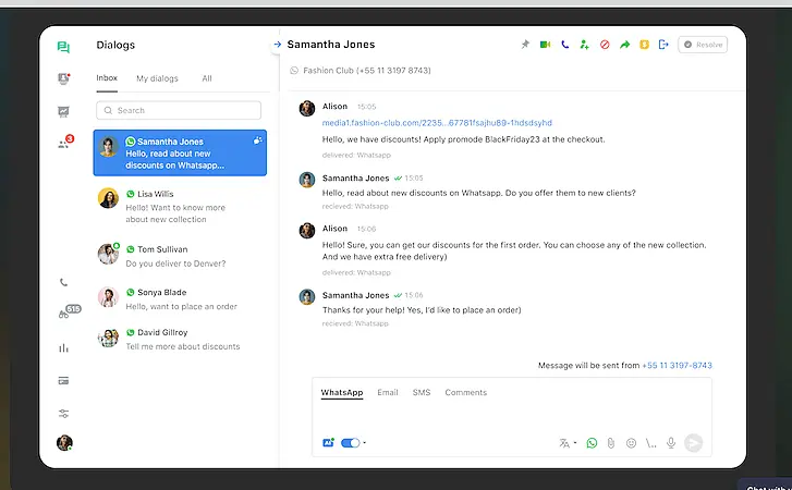 A business dashboard interface showing a WhatsApp conversation between a customer and a representative from Fashion Club, discussing a Black Friday promotion and order placement, with options to reply via WhatsApp, email, SMS, or comments.